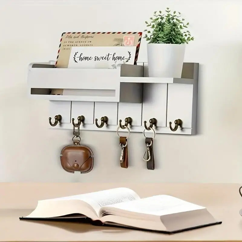 Wall-Mounted Wood Storage Rack with 7 Hooks — Mail, Keys, Glasses & Entryway Organizer
