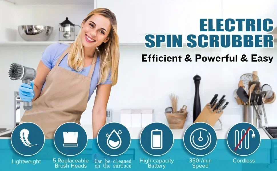 Electric Spin Scrubber – 5 Replaceable Brush Heads, 1500mAh Rechargeable, 450 RPM Cordless Cleaning Brush