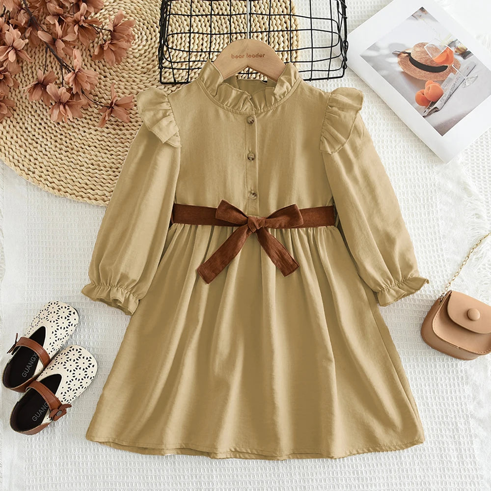 Girls Long Sleeve Stand Collar Dress — Solid Color Casual Dress (3–7 Years)