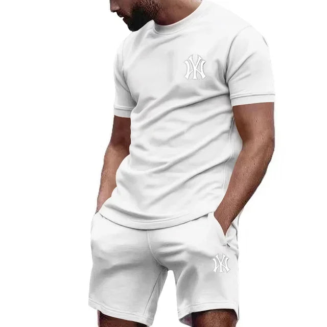 Men's Print Short Sleeve T-Shirt & Drawstring Shorts Running Fitness Set