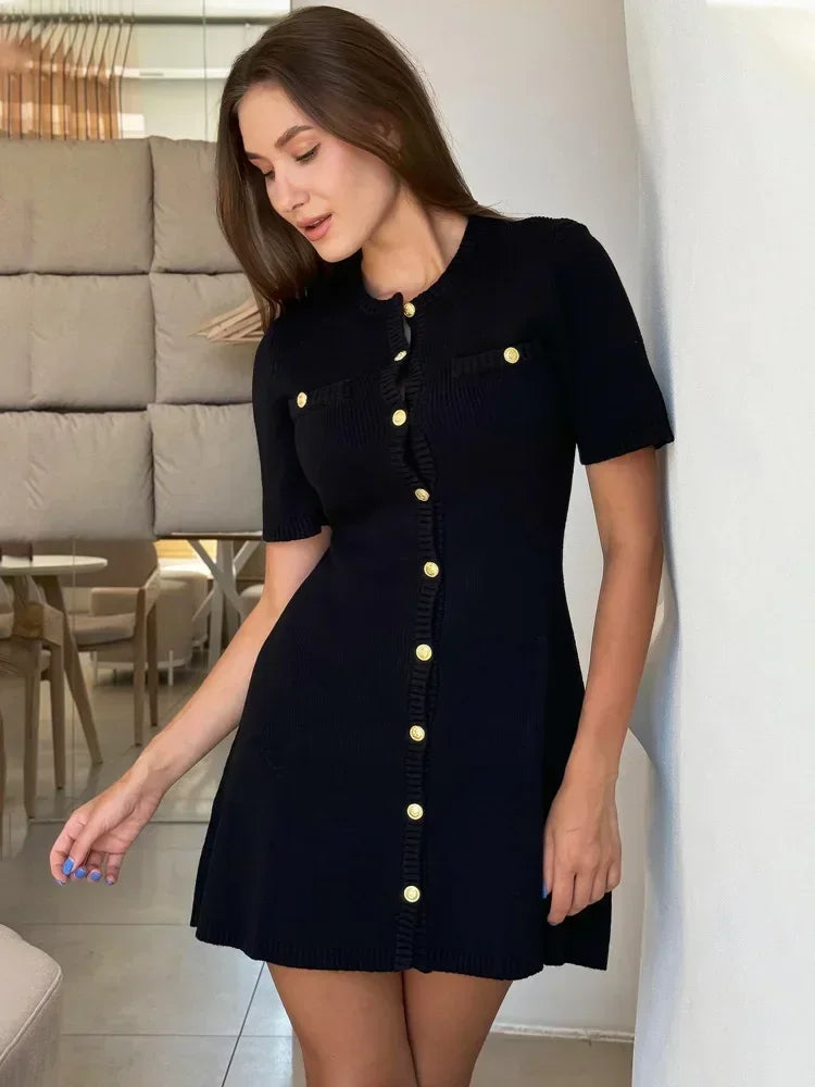 Elegant Knit Rib Mini Dress — High Waist Short Sleeve Bodycon Sweater Dress