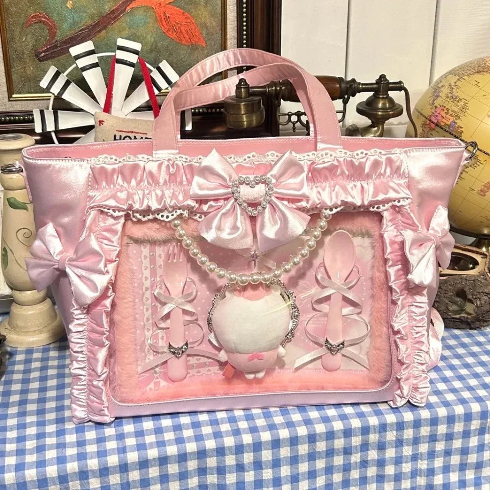 miyagawa Satin Pearl Bow Ita Bag Square Tote – Japanese Sweet High Capacity Shoulder Bag for Women