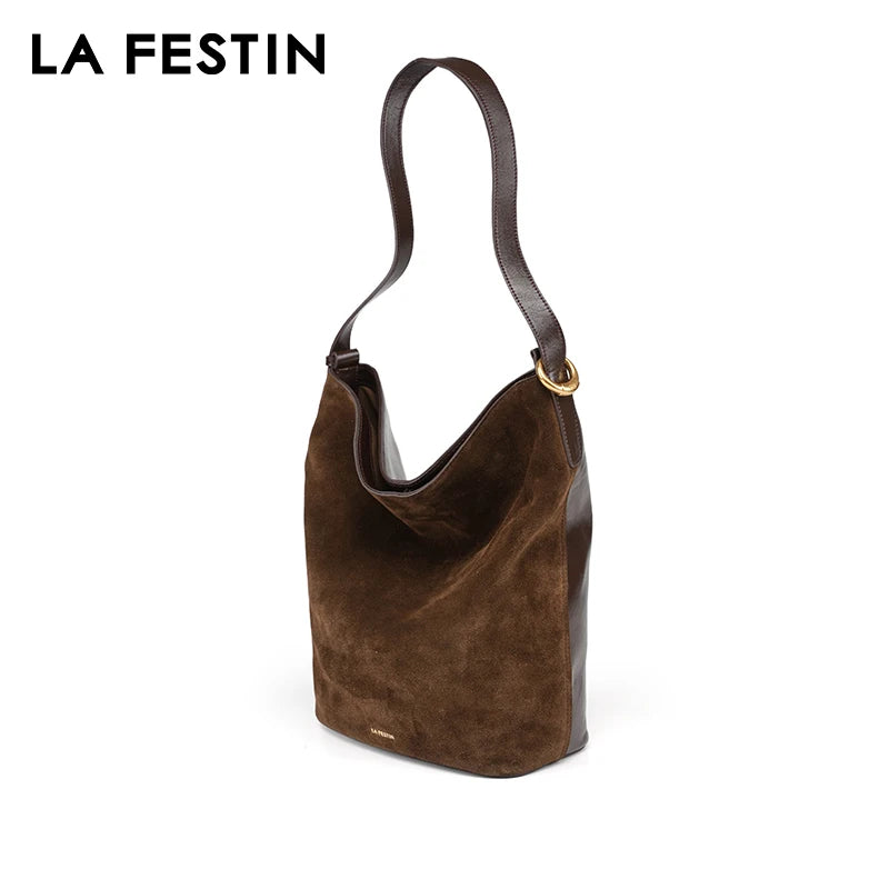 LA FESTIN Genuine Leather Bucket Bag – Designer Crossbody Shoulder Handbag for Women