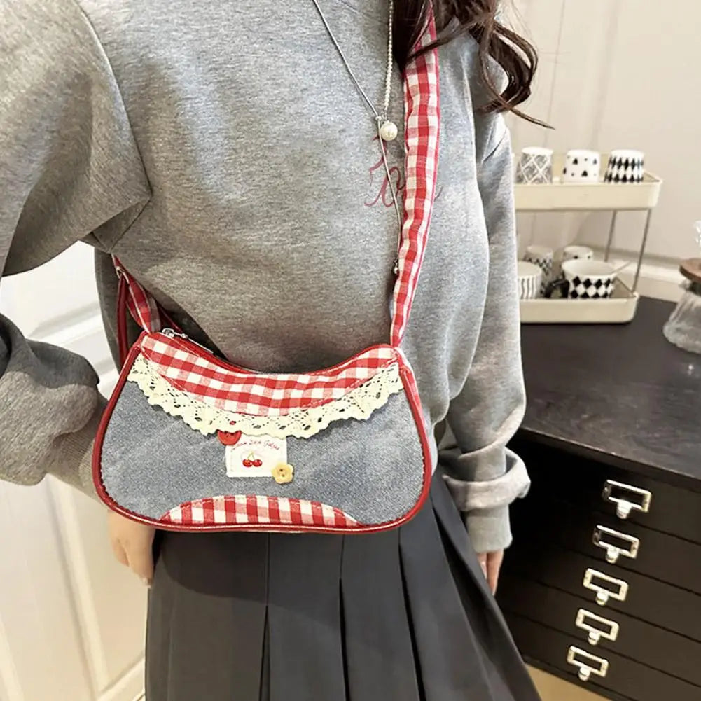 Fashion Grid Lace Ribbon Shoulder Bag – Stretchable Underarm Bag for Daily Commuting & School