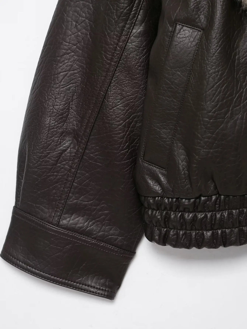 Women's Double-Breasted Faux Fur Collar Leather Bomber Jacket – Loose Warm Streetwear Coat