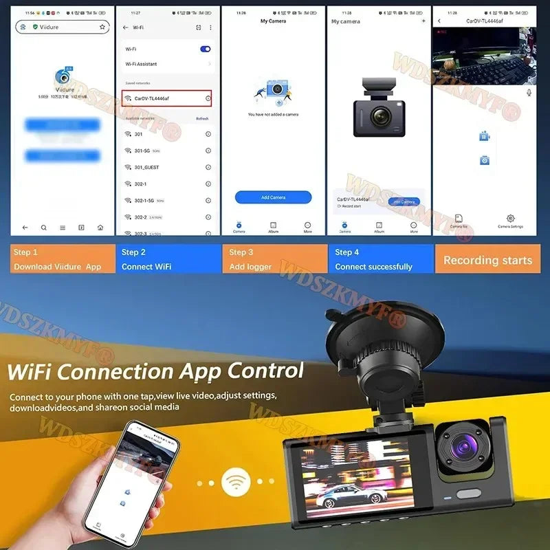 1080P 2/3-Lens WiFi Dash Cam – Front, Rear & Interior, Night Vision, G-Sensor, Loop Recording