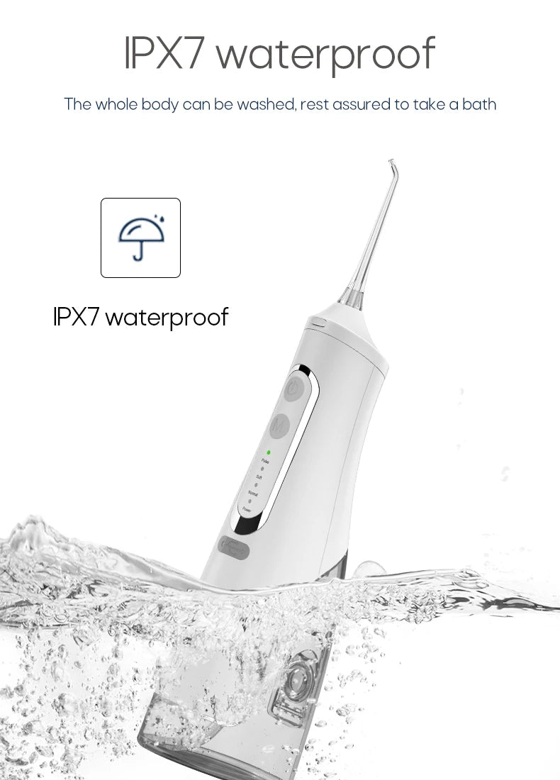 Portable Oral Irrigator – USB Rechargeable, 310ml Tank, 4 Pressure Modes, IPX7, 4 Nozzles