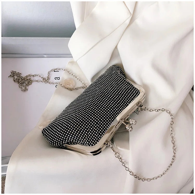 Golden Metal Bow Evening Clutch Bag – Shiny Bridal Chain Shoulder Bag for Wedding & Party