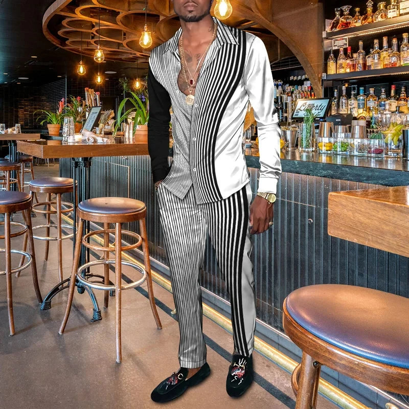 Men's 3D Retro Harajuku Print Long Sleeve Lapel Shirt & Long Pants 2-Piece Set