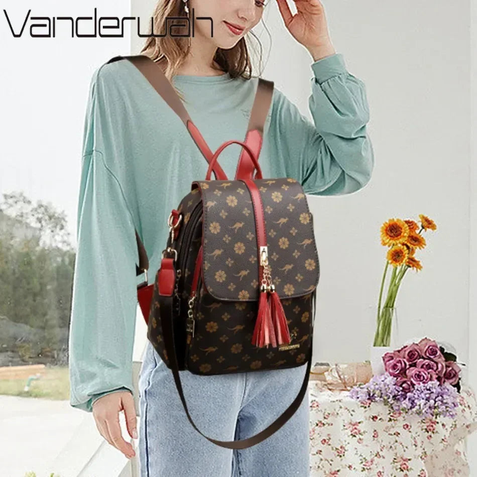 Women's Luxury Leather Backpack – Vintage Print Tassel Fashion Bag