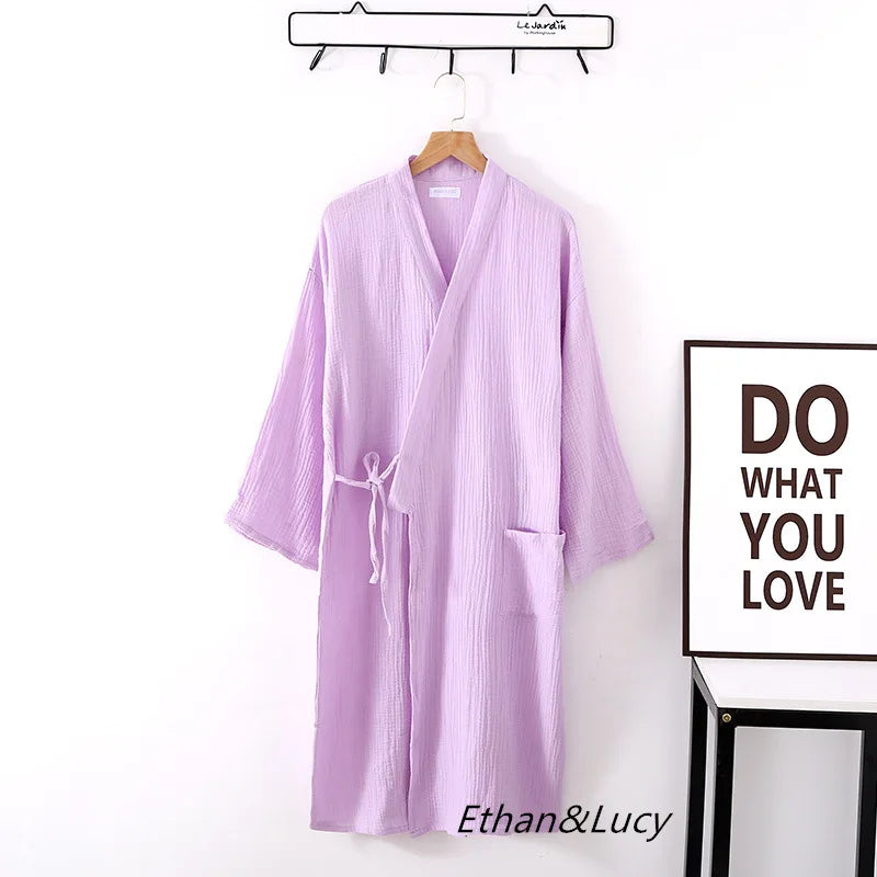 Couples 100% Cotton Crepe Gauze Robe | Long-Sleeve V-Neck Kimono Wedding Bathrobe