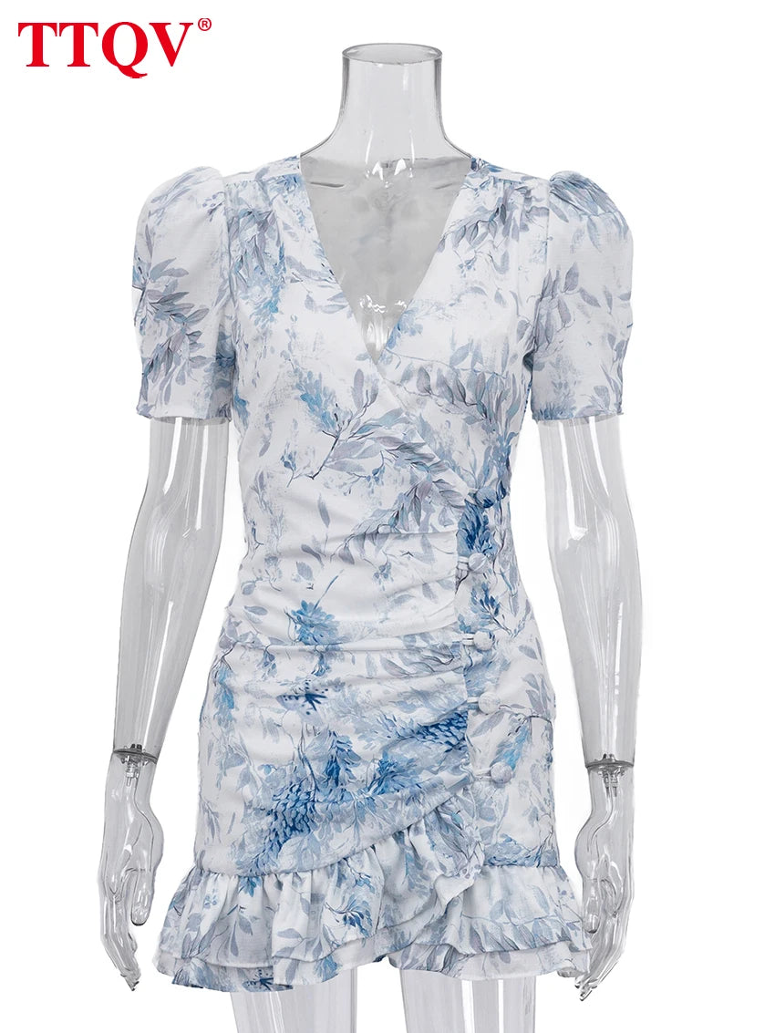 Women's Slim Print V-Neck Ruffle Mini Dress – Elegant Short Sleeve Streetwear Dress 2026