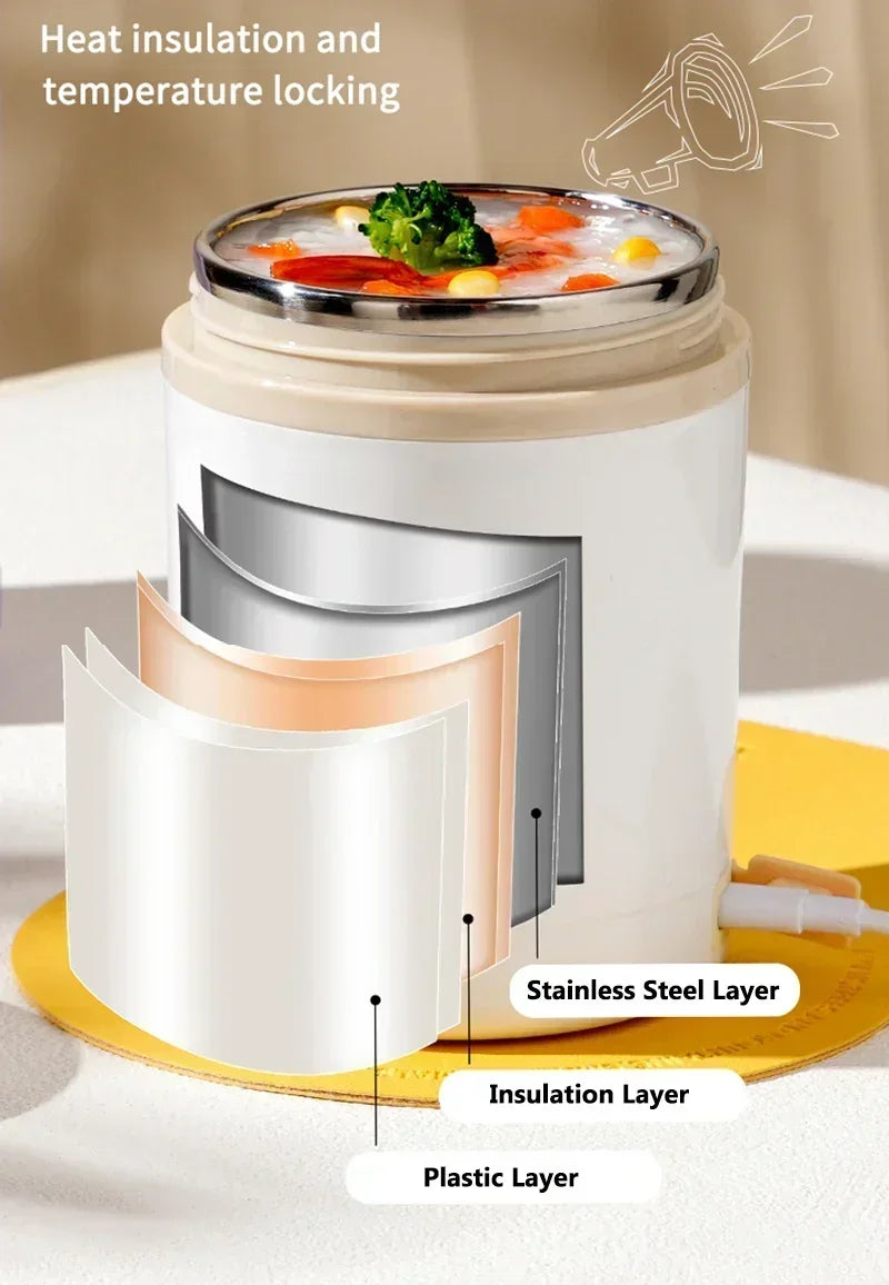 600ml USB Electric Heated Lunch Box – Stainless Steel Food Warmer with Constant Temperature Insulation, 5V/12V/24V
