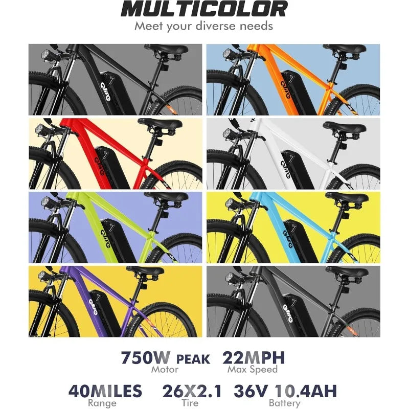 Multicolored electric bikes displayed in a grid with specifications below.