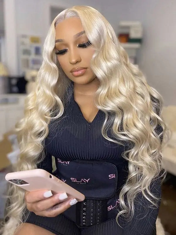 34 Inch 613 13x6 Lace Front Wig Human Hair Body Wave Blonde Lace Frontal Wigs for Women 200 Density Natural Hairline