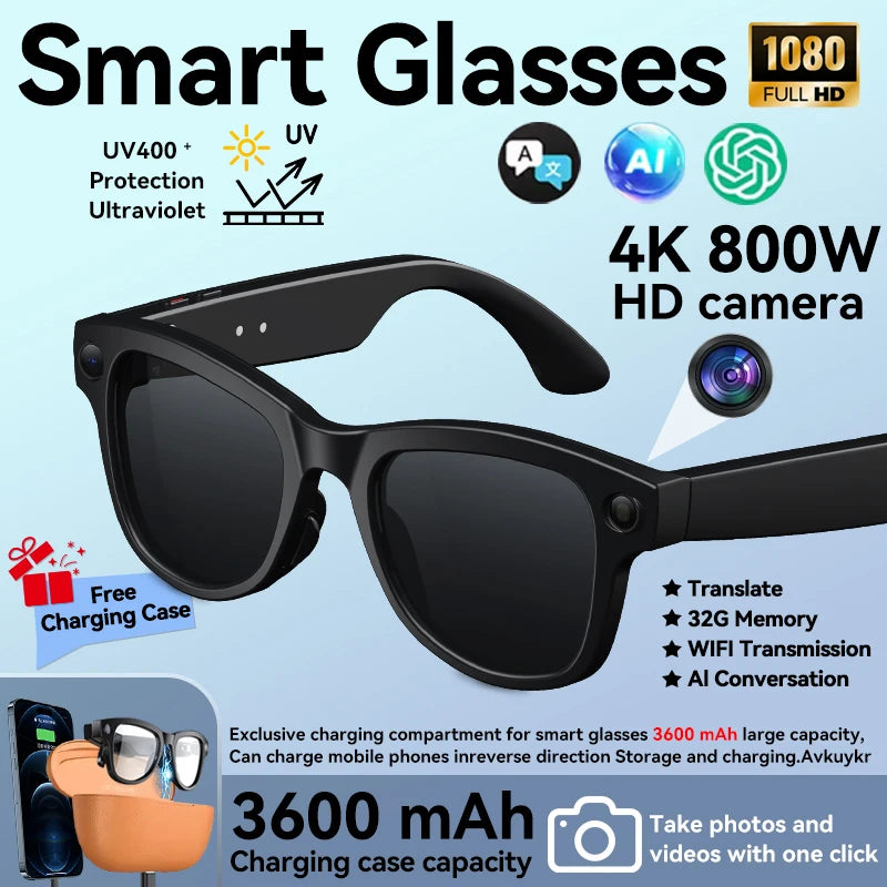 Smart Glasses with 3600mAh Power Bank — Bluetooth Audio & Built-In Battery