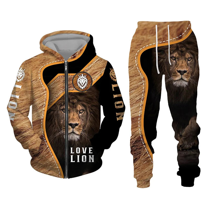 Men's 3D Lion Print Zip-Up Hoodie & Elastic Waist Pants Tracksuit Set