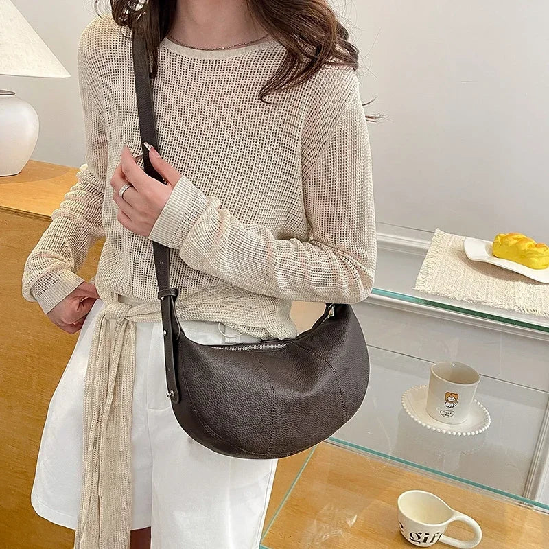Badiman Genuine Cowhide Half-Moon Underarm Bag – Large Capacity Shoulder Crossbody Tote for Women