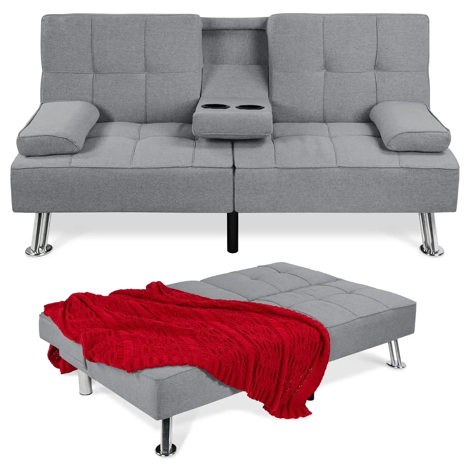 Sit, Recline, Sleep — Modern Linen Folding Futon Sofa Bed | 3 Positions, 2 Cupholders, Removable Armrests, 500 lb Capacity