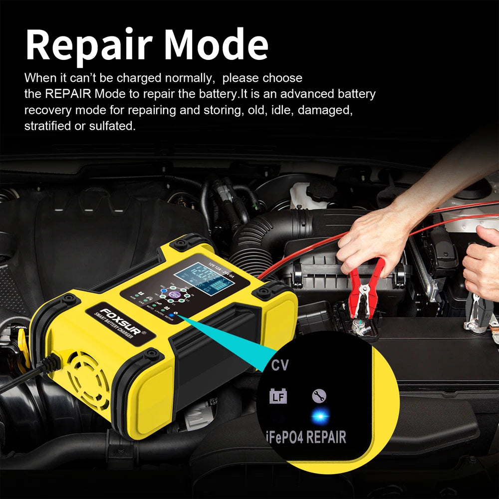 Foxsur Automatic Car Battery Charger 12V 12A – Digital Display Pulse Repair for Wet Dry Lead Acid Batteries