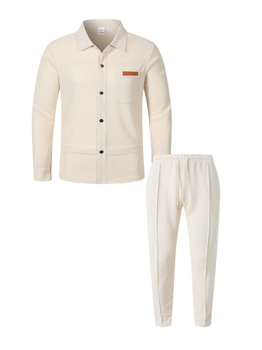 Men's Waffle Knit Button-Down Long Sleeve Jacket & Pants Set – Plain Color Casual Suit