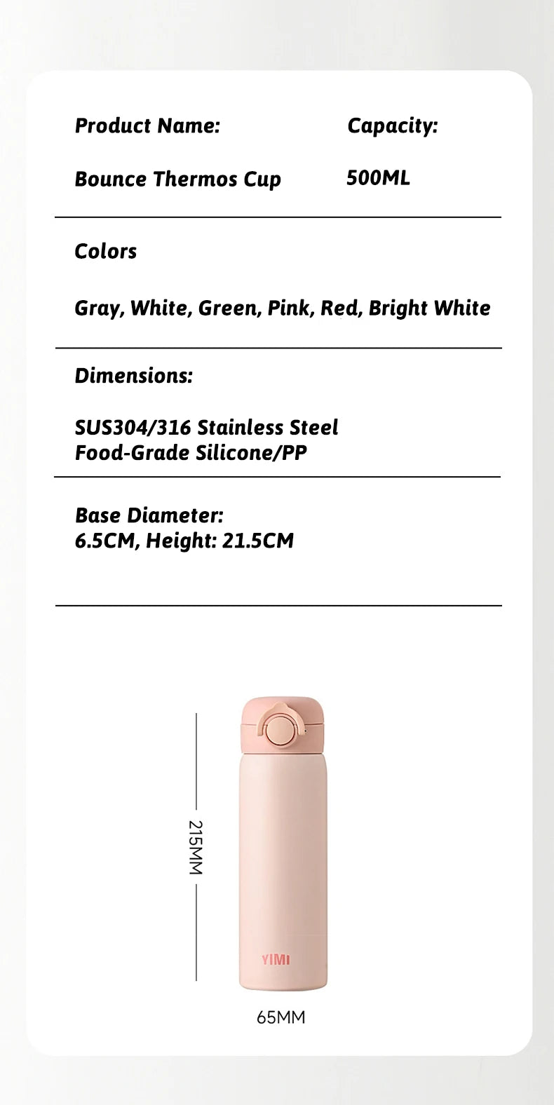 500ml 6-Layer Vacuum Thermos Tumbler – One-Touch Lid, 316 SS, Triple Seal Leakproof, Curved Spout, Soft-Touch Matte, 6 Colors