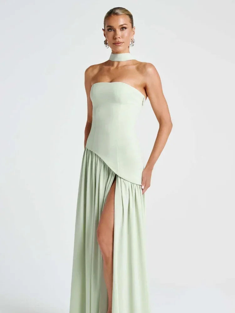 Pleated Off-Shoulder Maxi Dress — High Slit Scarf Slim Fit Evening Party Dress