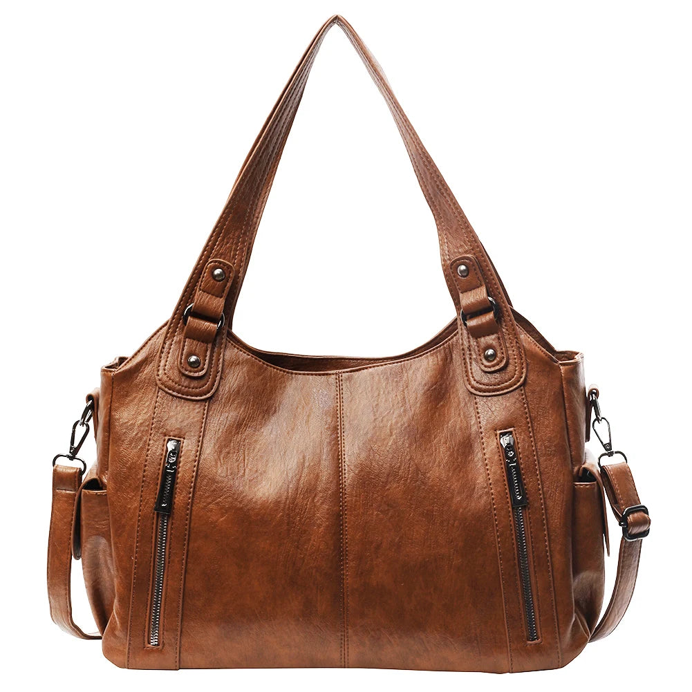 PU Leather Tote Bag with Zipper for Women — Multi-Pocket Shoulder Bag, Retro Crossbody Handbag