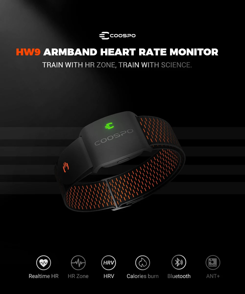 COOSPO HW9 Armband Heart Rate Monitor — HR Zones, Calories, BLE 5.0 & ANT+ for Peloton, Zwift & Wahoo