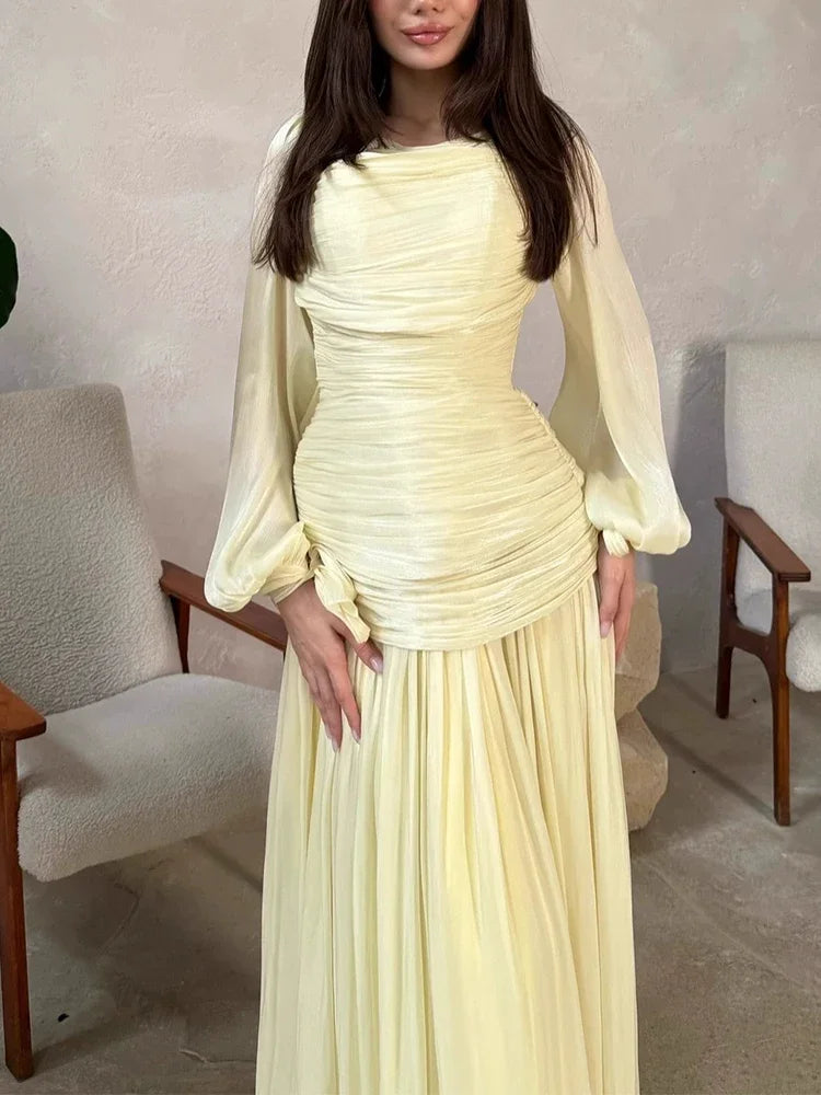 Women's Fashion Draped Design Solid Long Dress 2026 Casual Commute Waist Party Dresses Elegant O-neck Long Sleeve Evening Dress