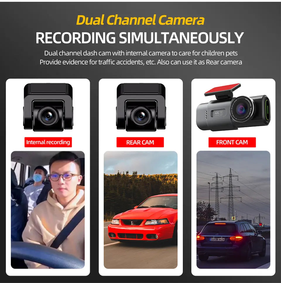 Dash Cam 4K UHD — Night Vision, Wi-Fi, GPS, 24H Parking Monitor, Front & Rear