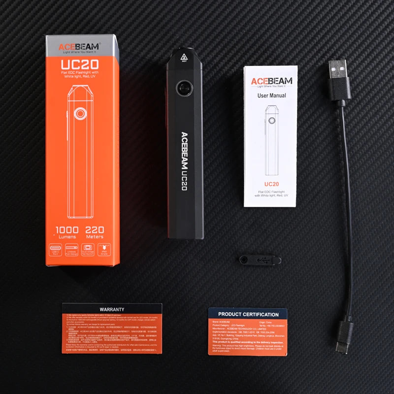 ACEBEAM UC20 – 1000 Lumen 3-in-1 EDC Flashlight, White/Red/UV, IP68 Waterproof, USB-C Rechargeable