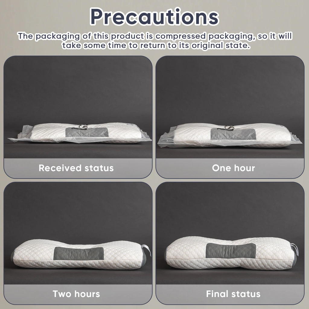 Illustration showing the expansion of a compressed pillow over time on a gray background.