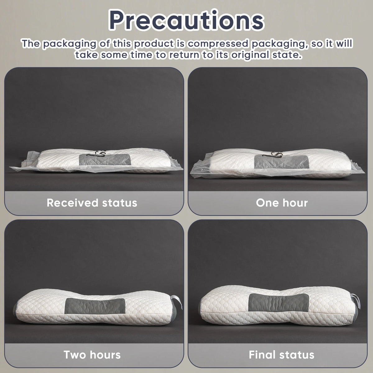 Illustration showing the expansion of a compressed pillow over time on a gray background.
