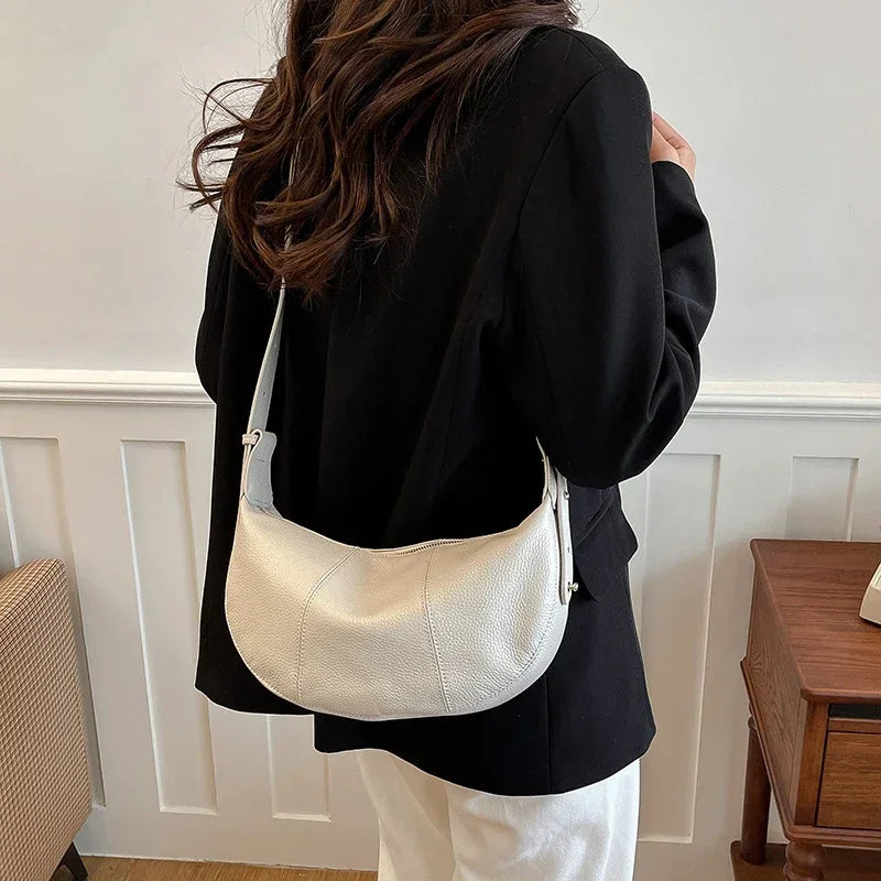 Badiman Genuine Cowhide Half-Moon Underarm Bag – Large Capacity Shoulder Crossbody Tote for Women