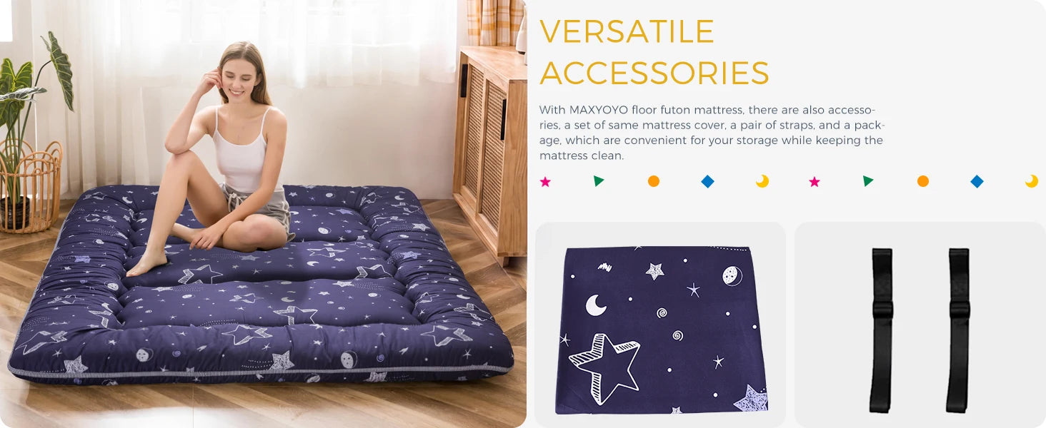 Navy Star Queen Size Foldable Japanese Floor Futon Mattress, Portable Tatami Sleeping Mat for Camping & Indoor Use