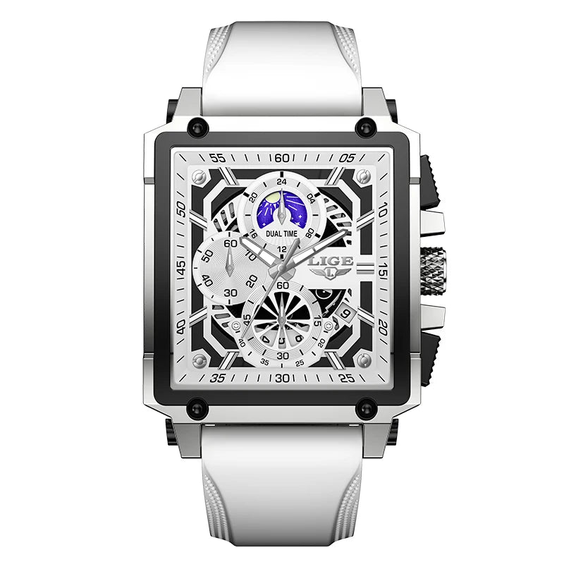 LIGE Men's Hollow Square Sport Watch | Fashion Silicone Strap Waterproof Quartz Wristwatch with Box