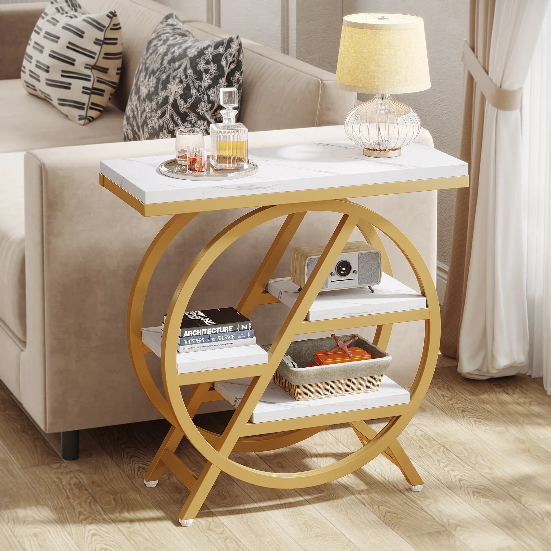Tribesigns 3-Tier Narrow Side Table — Wood & Geometric Metal Frame