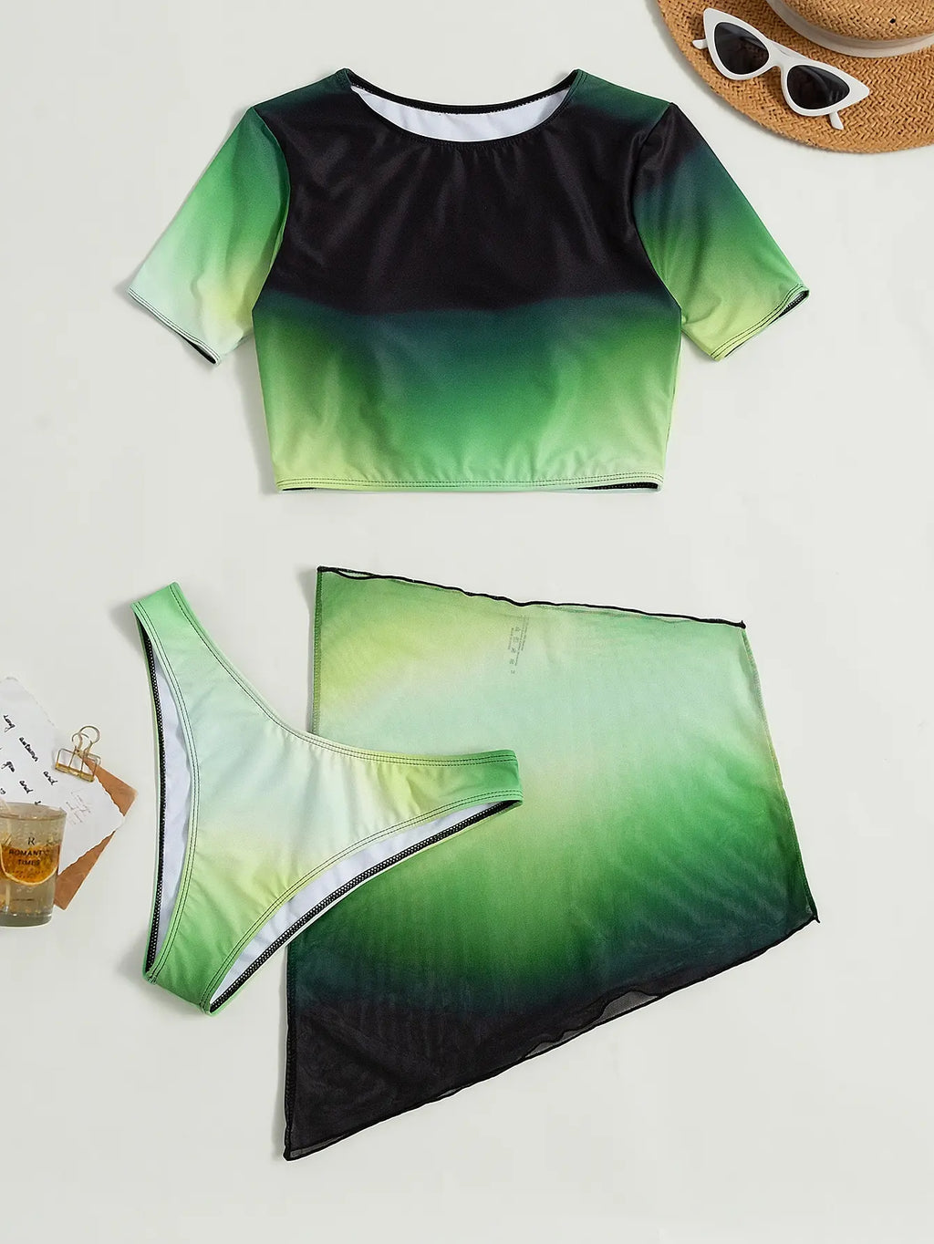 3-Piece Ombre High Neck Bikini Set with Beach Skirt — Green Women's Swimwear
