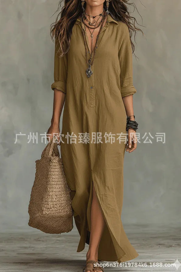 Women's Casual Long Sleeve Loose Maxi Dress – Solid Color Turn-Down Collar Beach & Elegant Dress