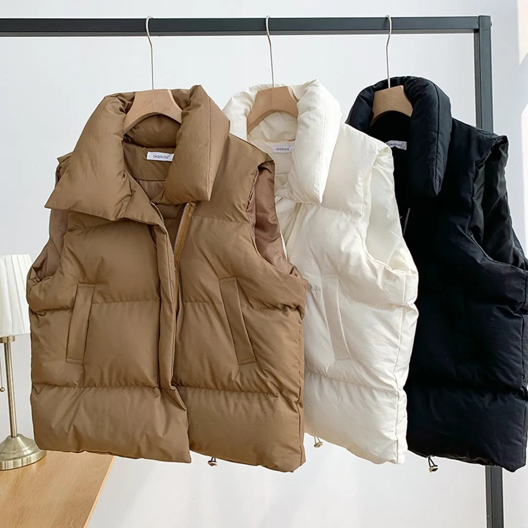 Women's Sleeveless Down Vest – Thick Zip-Up Adjustable Waist Winter Outerwear