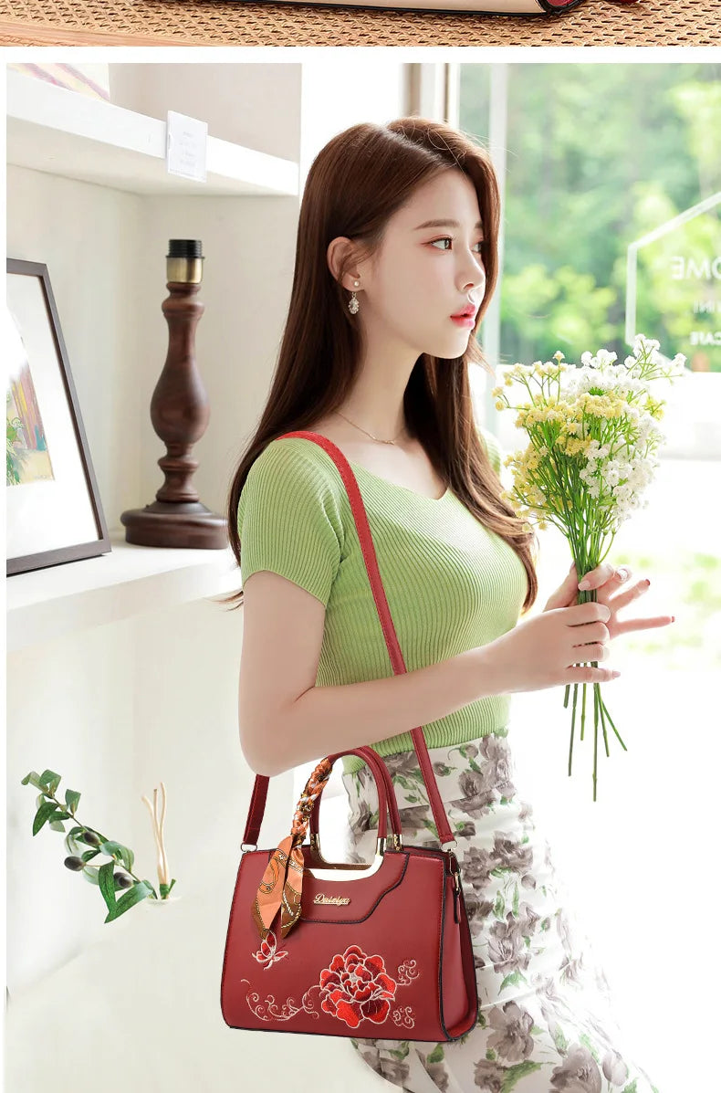 Luxury Embroidered Floral Soft PU Leather Crossbody Shoulder Bag – Casual Designer Handbag for Women
