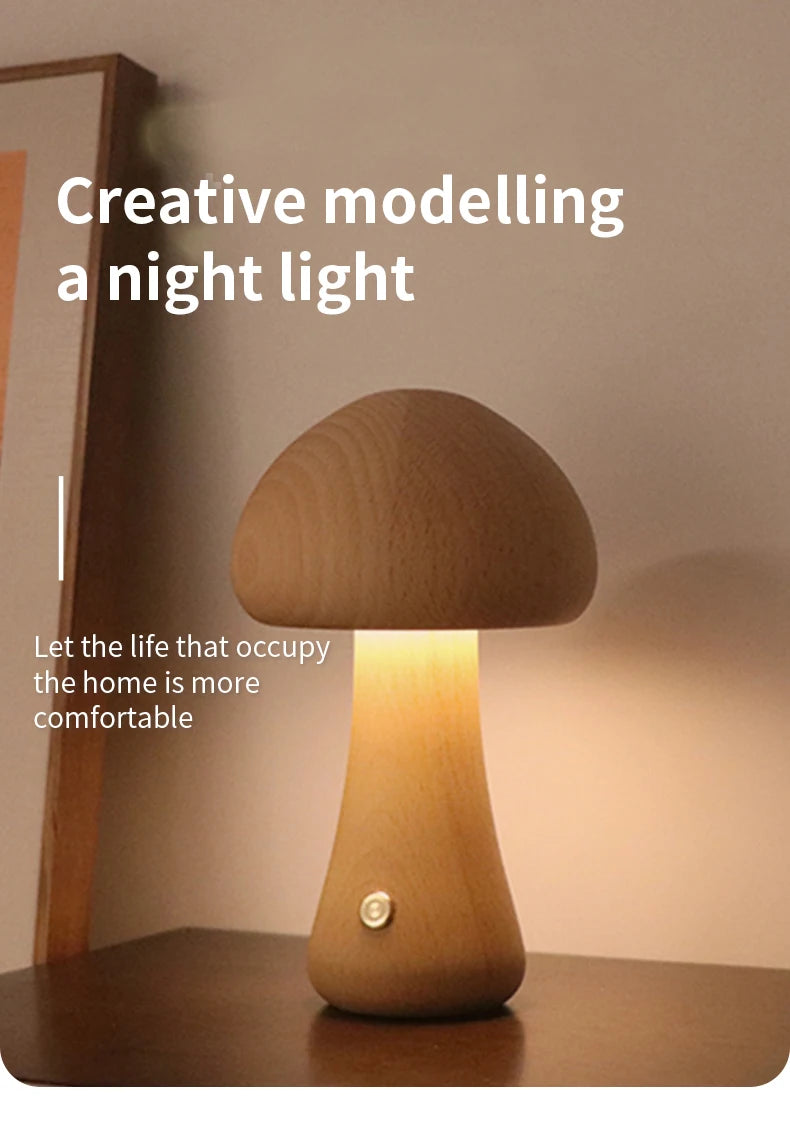 INS LED Night Light With Touch Switch Wooden Cute Mushroom Bedside Table Lamp For Bedroom Childrens Room Sleeping Night Lamps