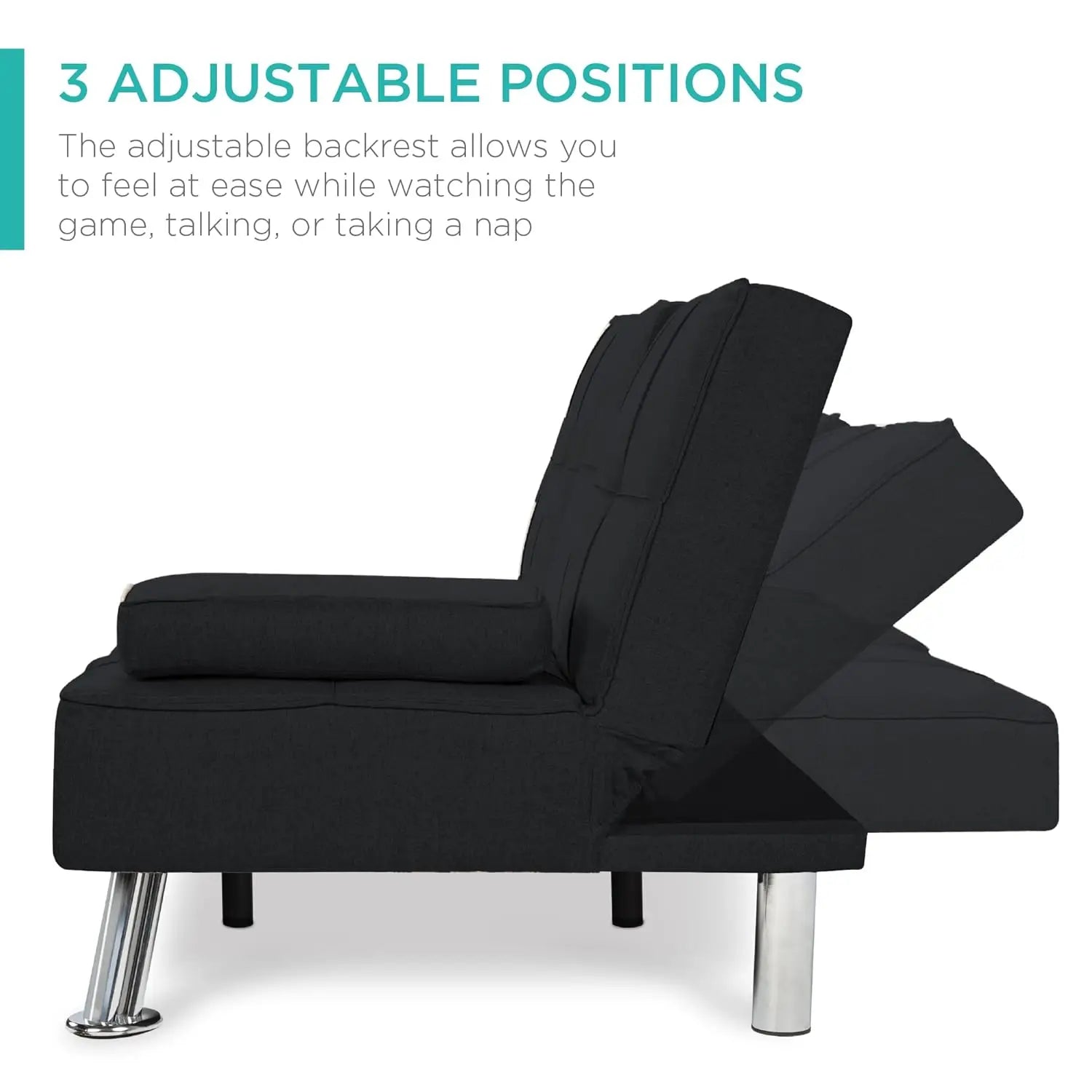 Sit, Recline, Sleep — Modern Linen Folding Futon Sofa Bed | 3 Positions, 2 Cupholders, Removable Armrests, 500 lb Capacity