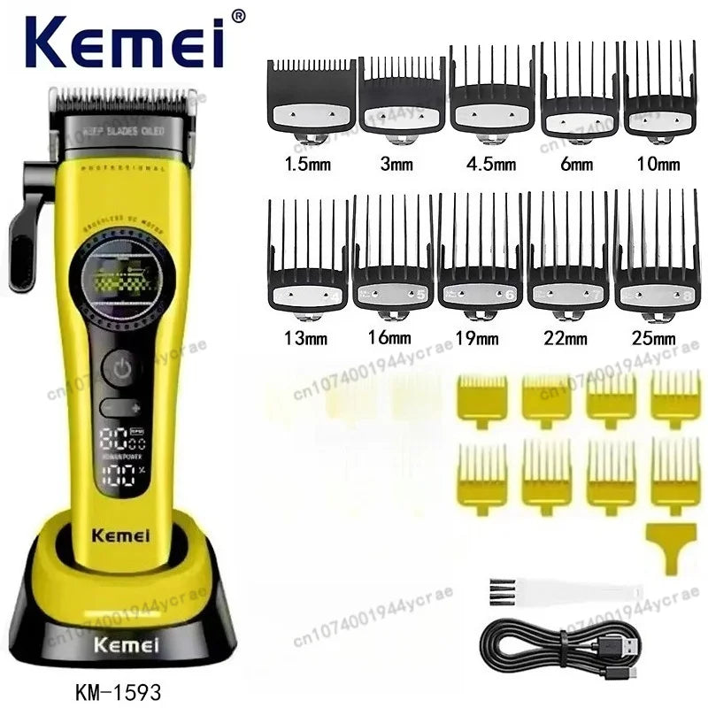 Kemei KM-1593 / KM-1595 Brushless Hair Clipper – DLC Blade, 8000 RPM, 200-Min Runtime, USB-C