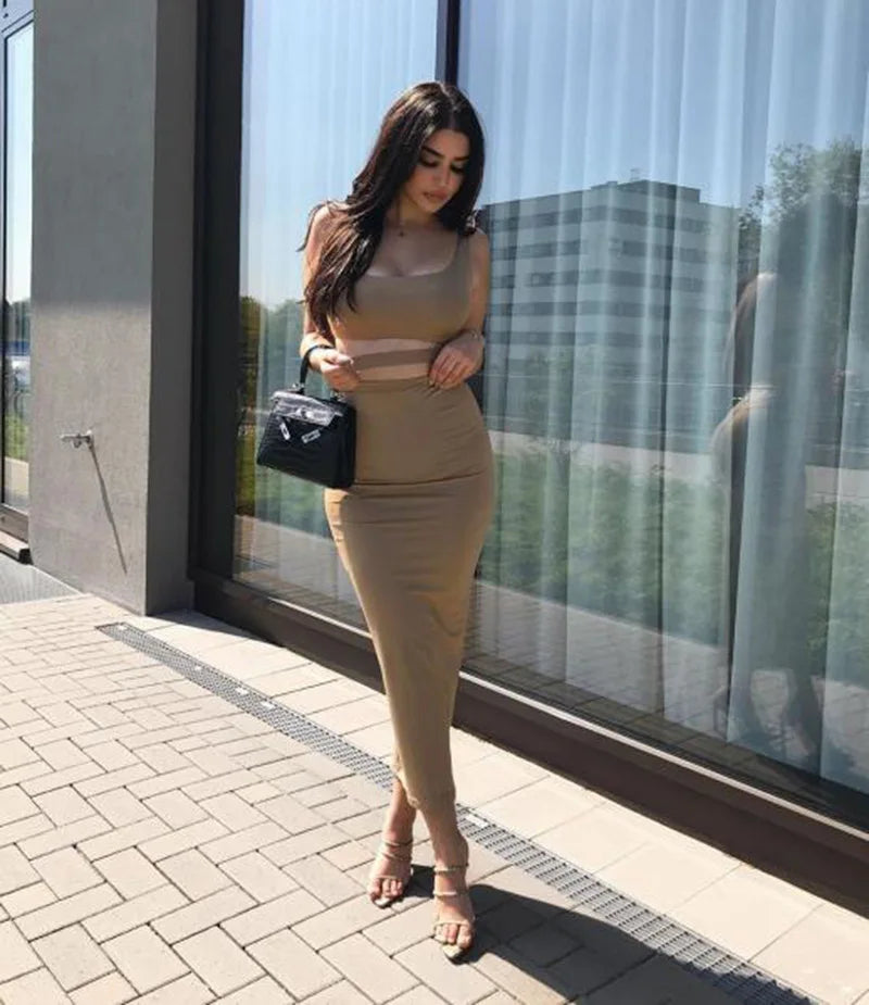 Sexy Pleated Hollow-Out Two-Piece Dress — Elegant Long Night Party Dress