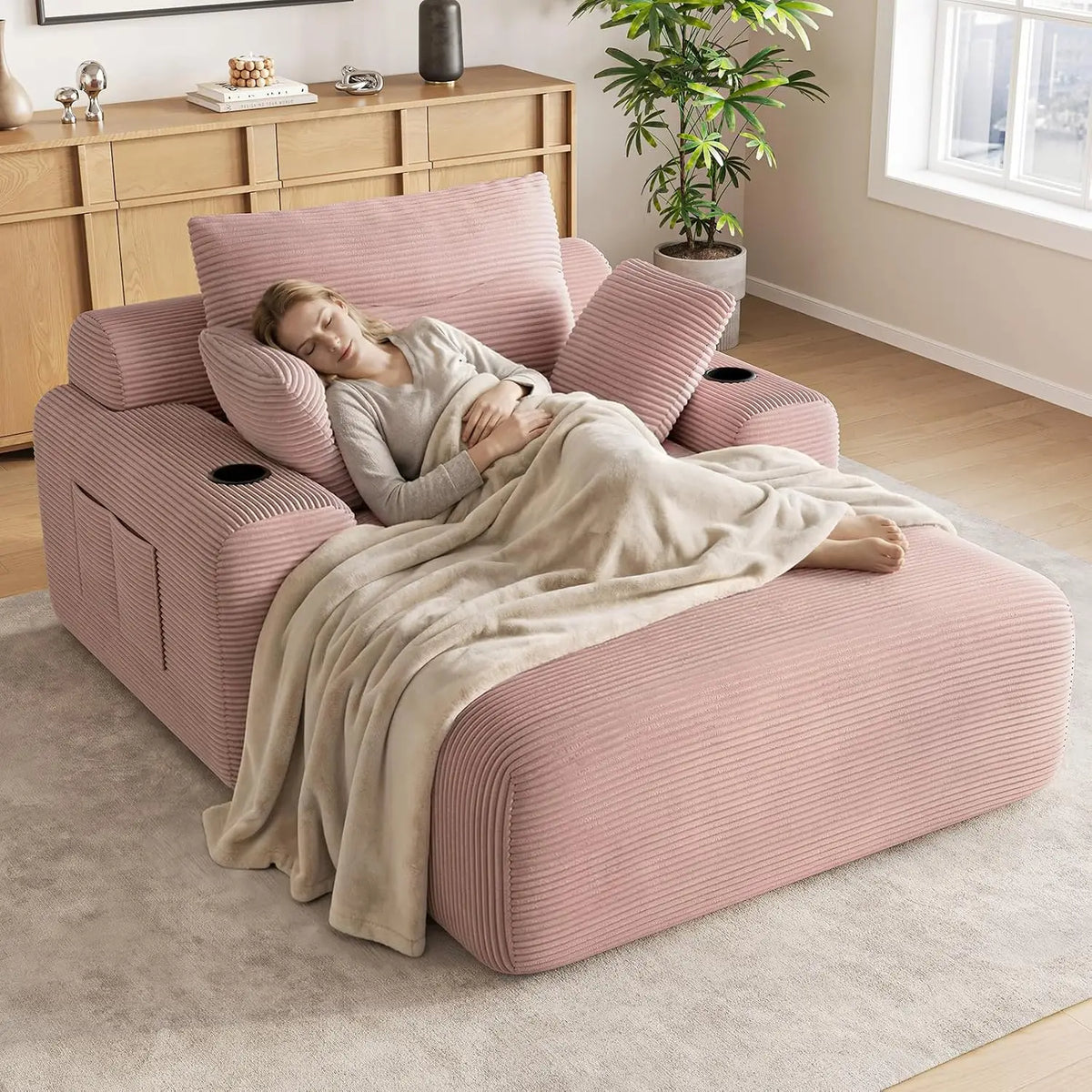 69-Inch Corduroy Boneless Chaise with Cup Holders