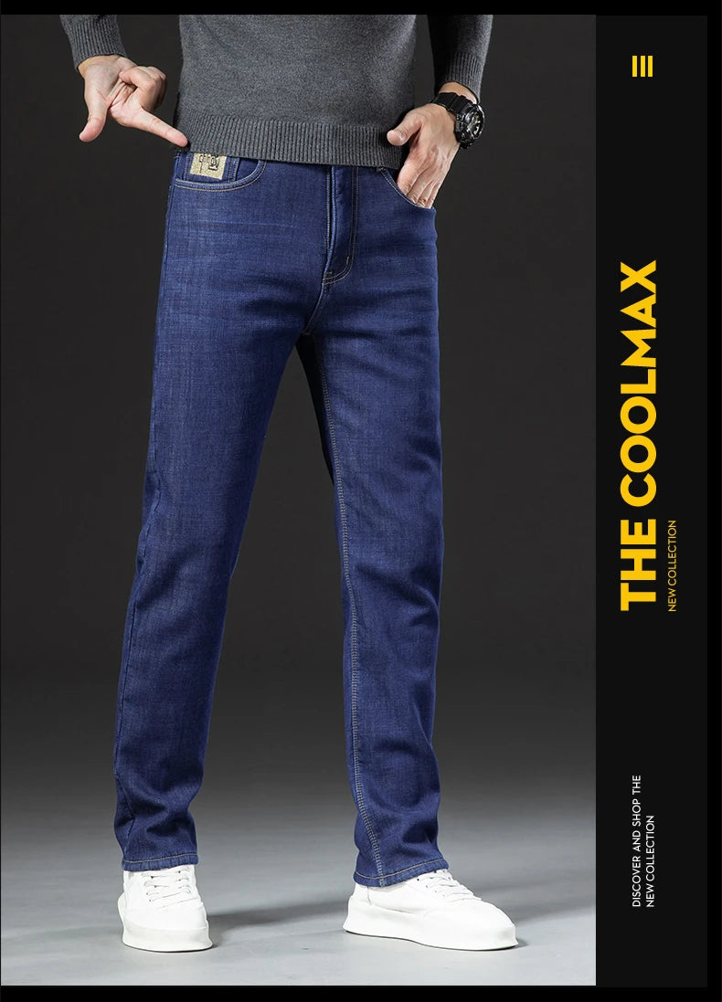 Men's Fleece-Lined Straight Denim Jeans — Warm Thick Winter Stretch Jeans