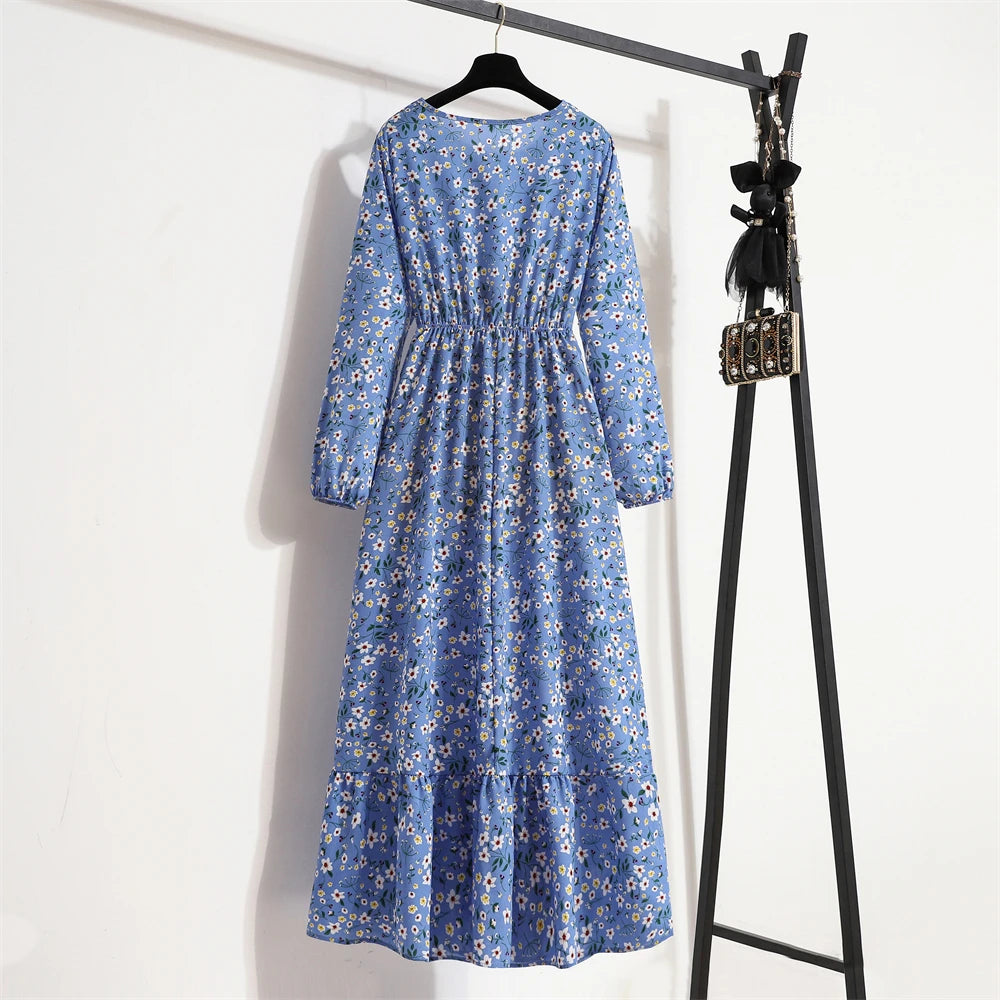 Women Long Dresses Spring Summer Casual Full Sleeve Floral geometry Printed O neck Woman Bohe Beach Party Dress Mujer Vestidos