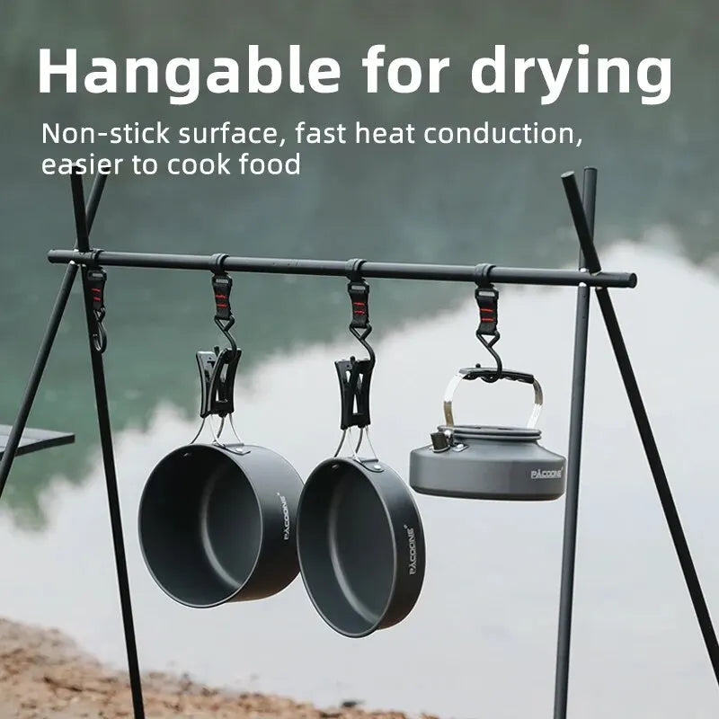 PACOONE Camping Cookware Set — Portable Outdoor Pot, Pan, Kettle & Tableware Kit